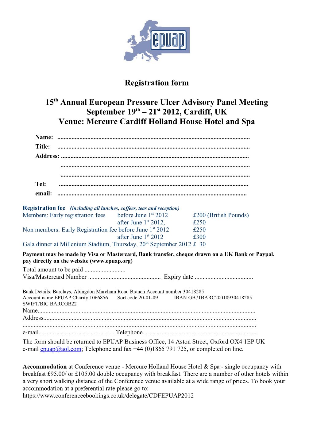 Registration Form for 14Th Annual Pressure Ulcer Advisory Panel Meeting
