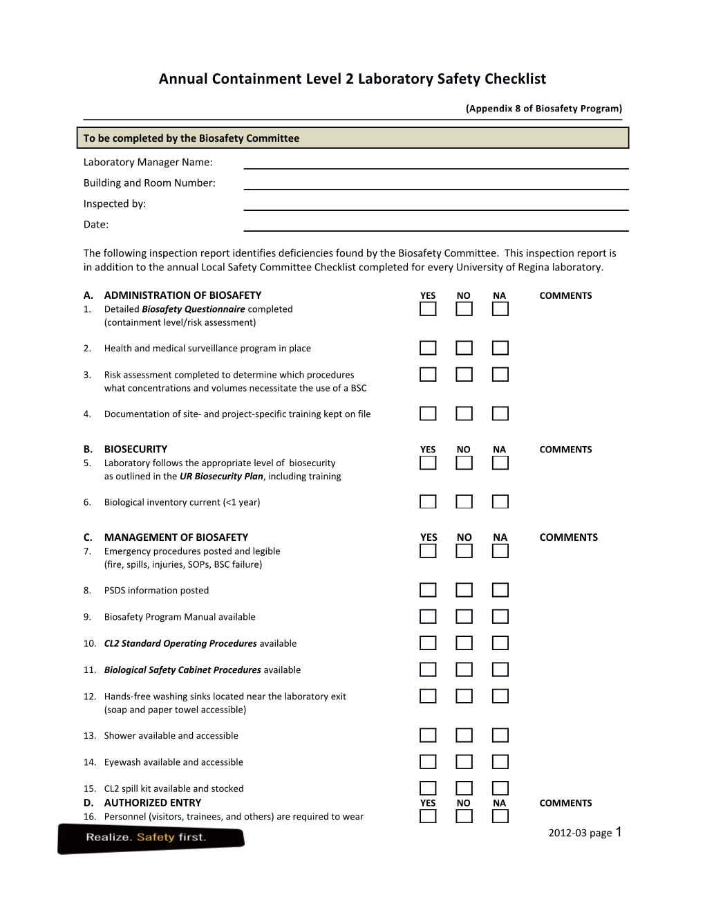 Annual Containment Level 2 Laboratory Safety Checklist