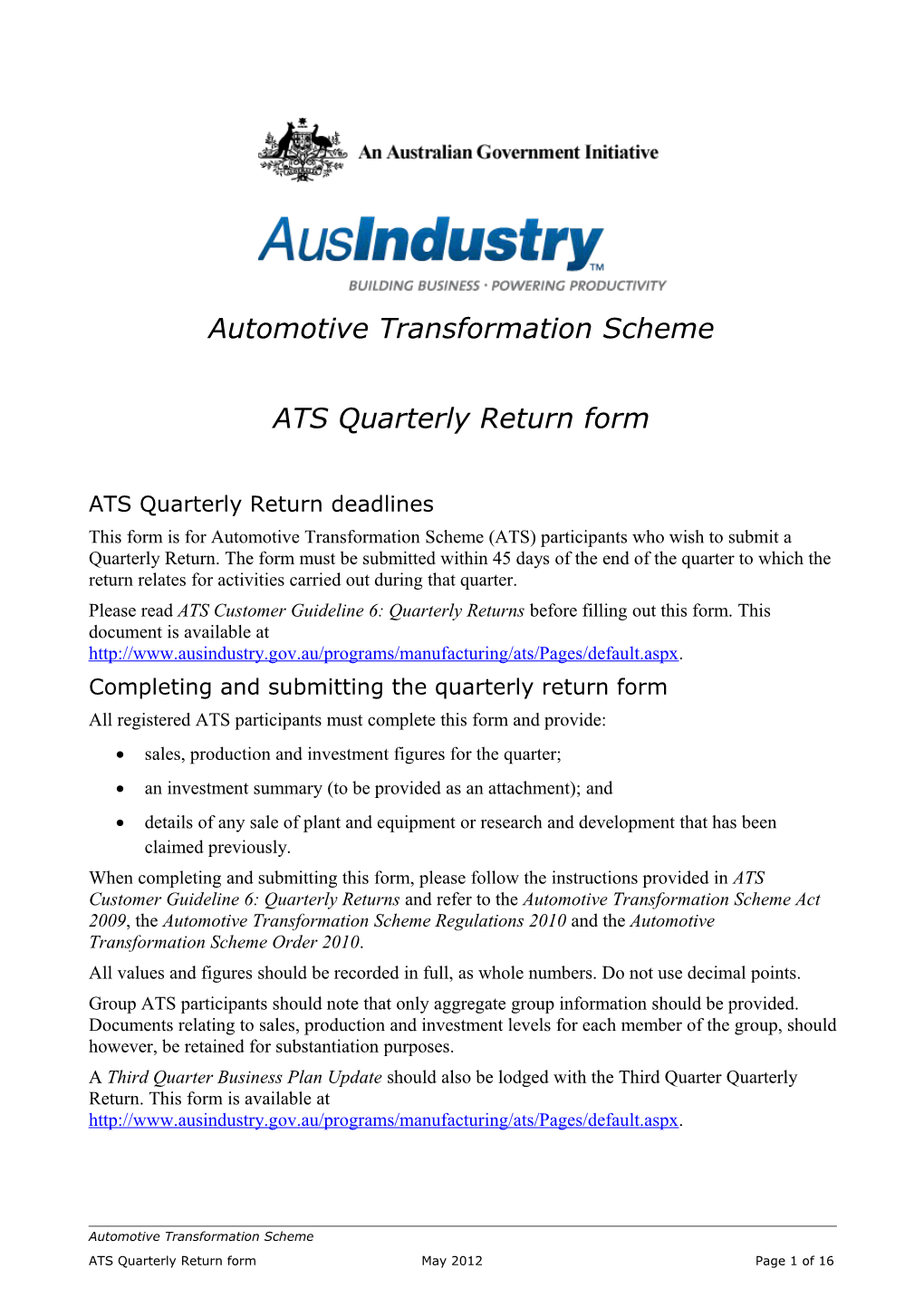 ATS Quarterly Return Form