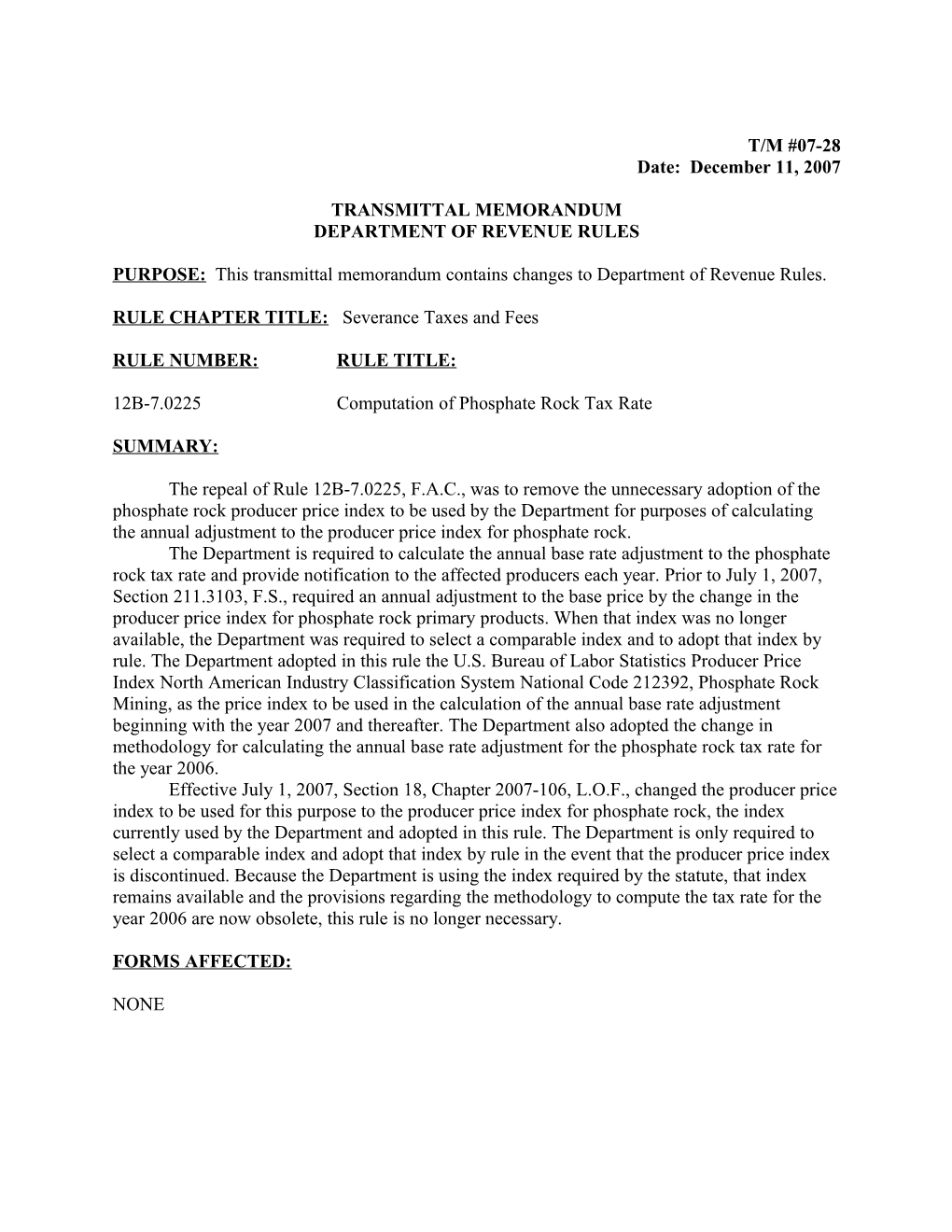 Severance Taxes and Fees - Computation of Phospahte Rock Tax Rate