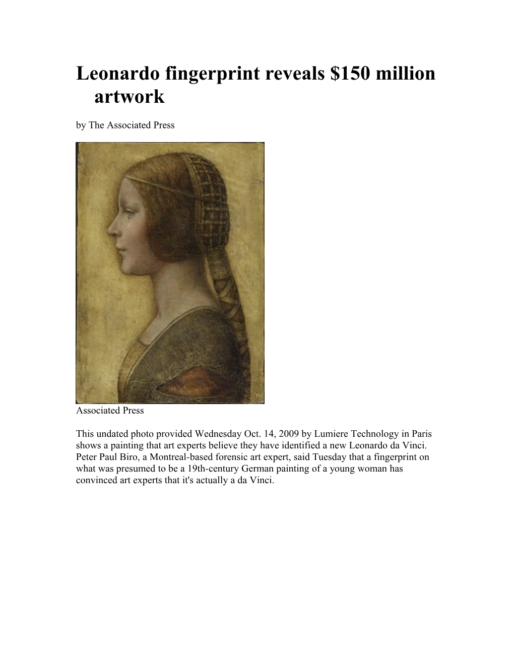 Leonardo Fingerprint Reveals $150 Million Artwork