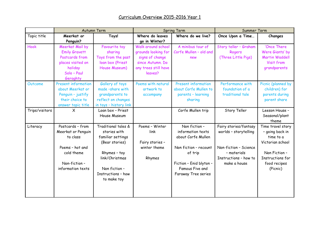 Curriculum Overview 2015-2016 Year 1