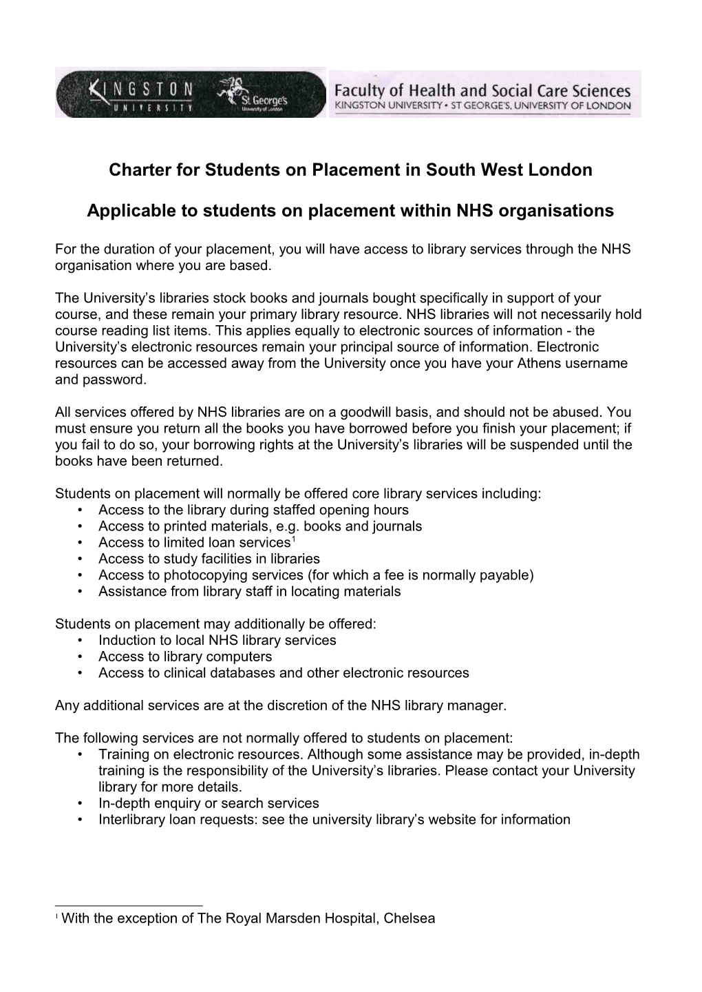 Charter for Students on Placement in South West London