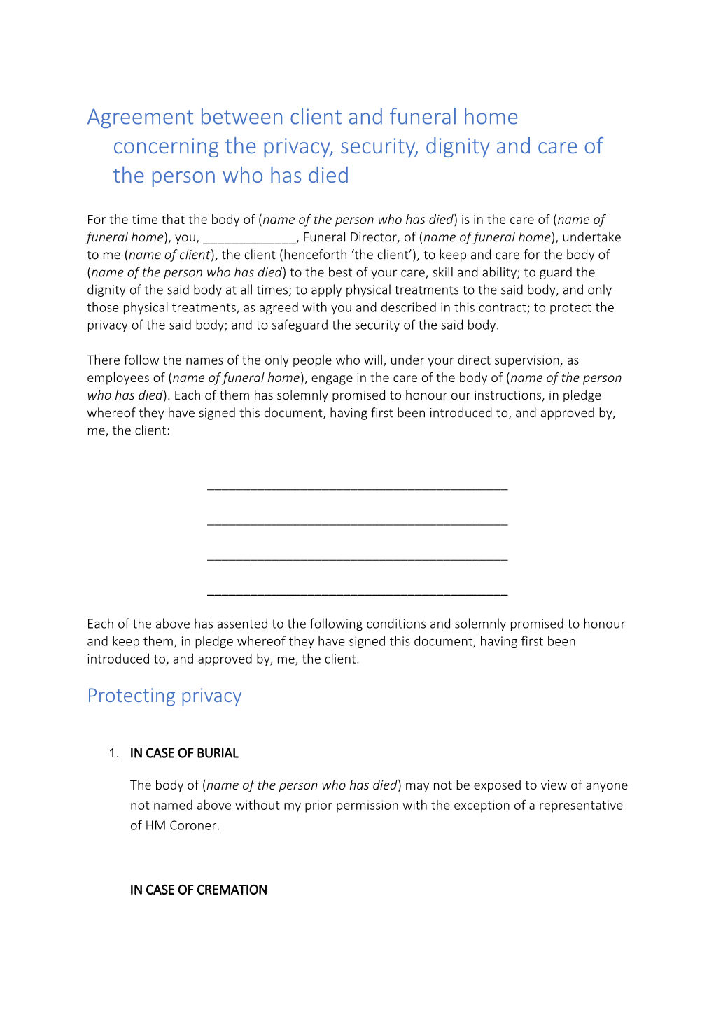 Agreement Between Client and Funeral Home Concerning the Privacy, Security, Dignity And