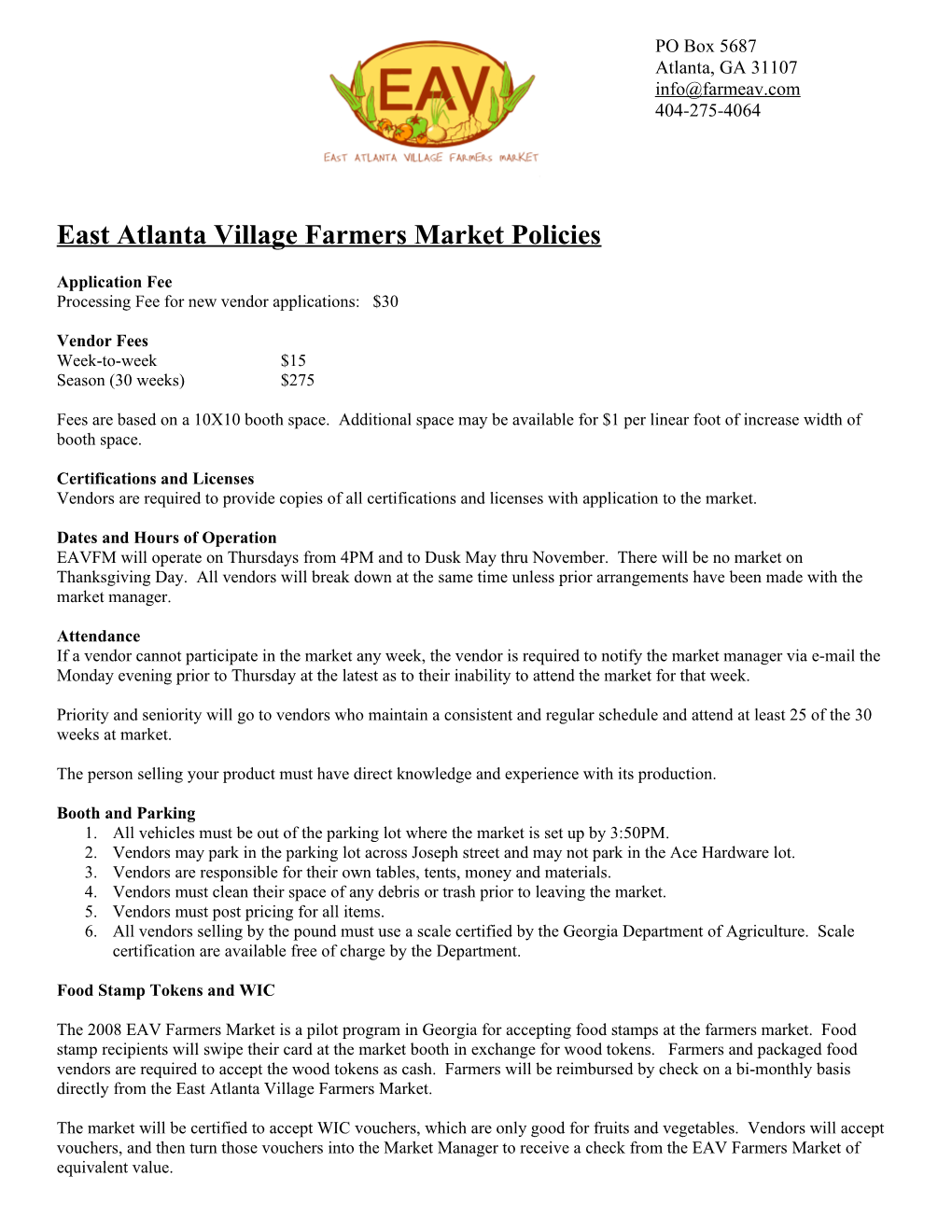 EAV Farmers Market Fruit and Vegetable Producer Application