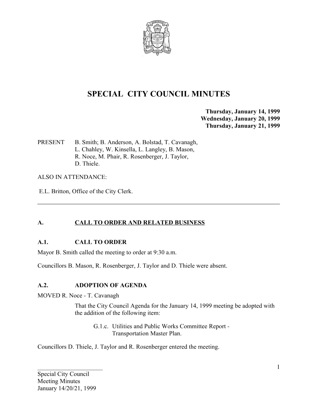 Minutes for City Council January 14, 1999 Meeting