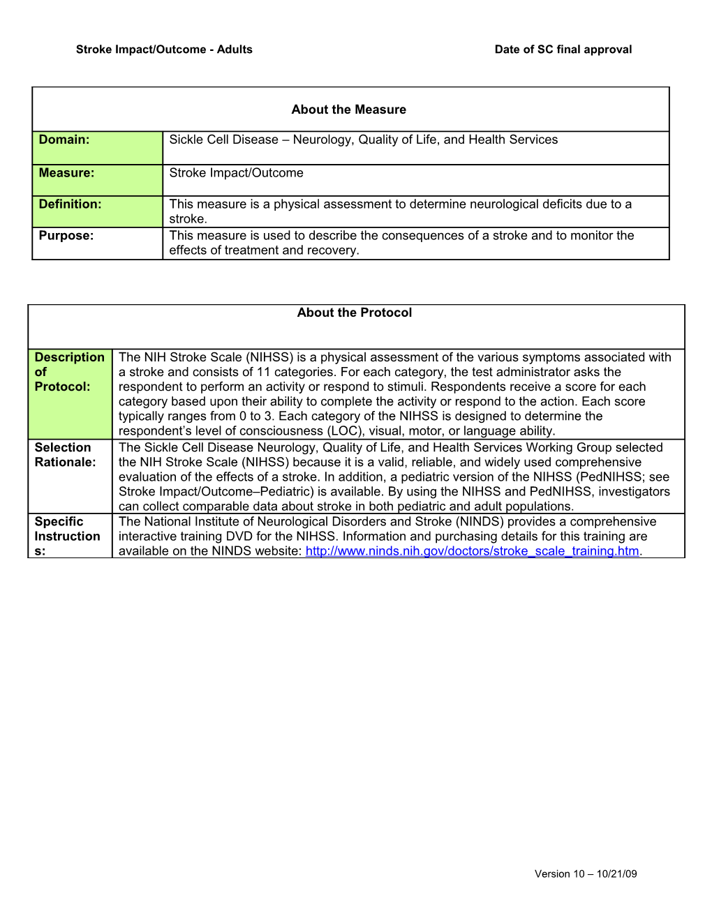 Stroke Impact/Outcome - Adults Date of SC Final Approval