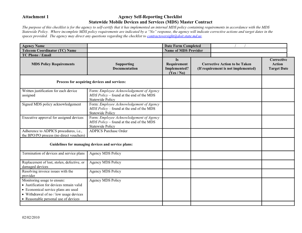 MDS Agency Self-Reporting Checklist