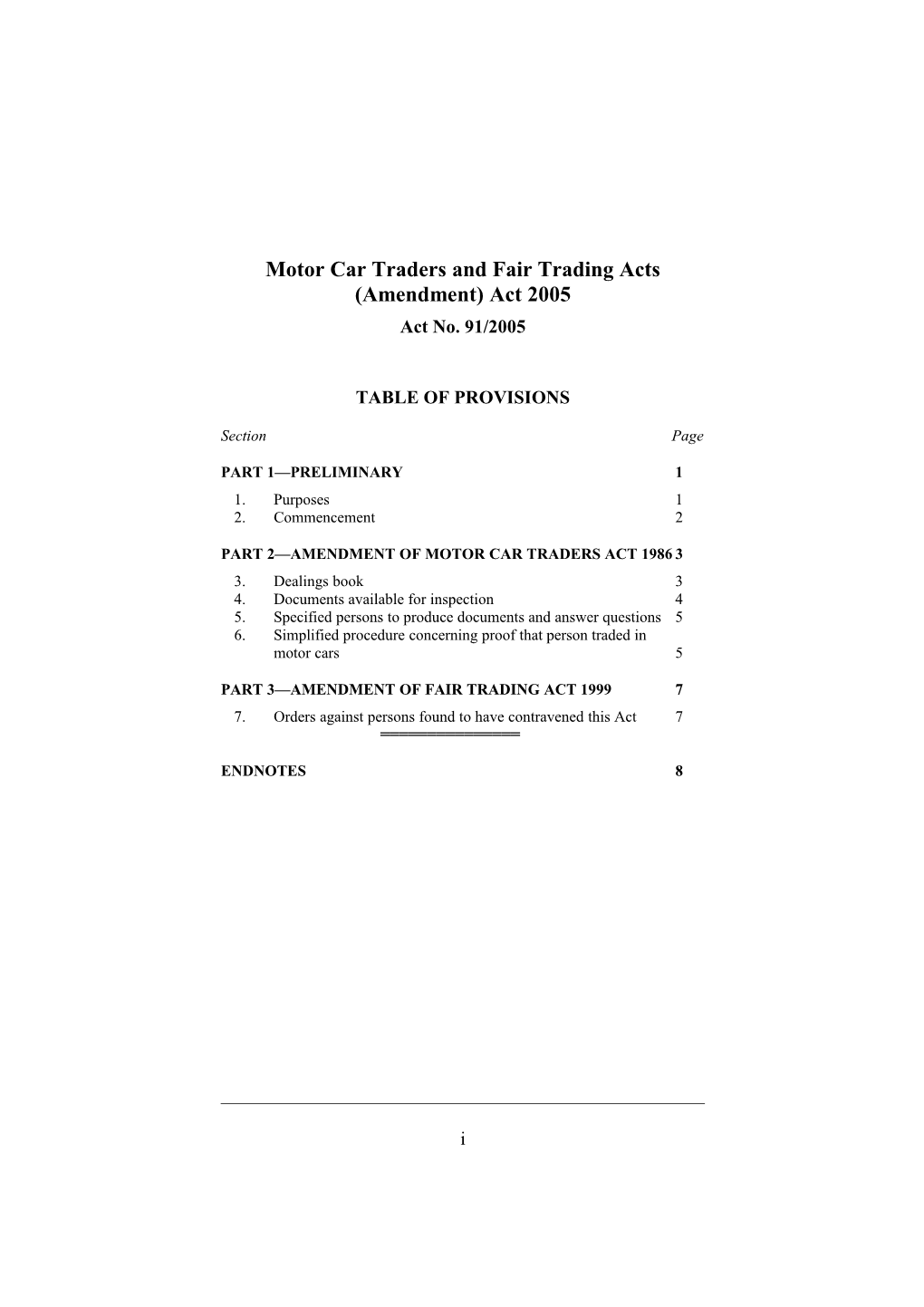 Motor Car Traders and Fair Trading Acts (Amendment) Act 2005