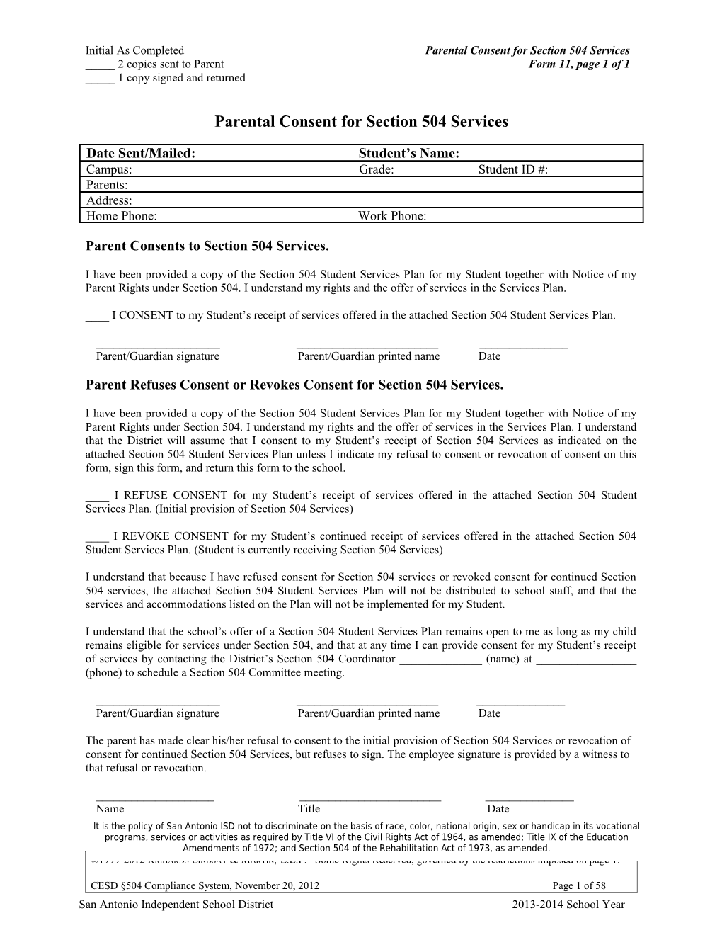 Initial As Completed Parental Consent for Section 504 Services