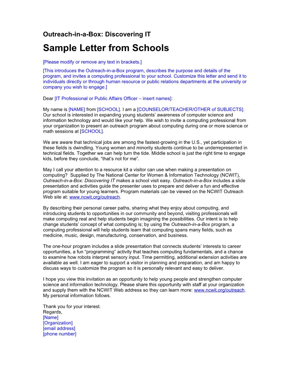 Sample Letter from Schools