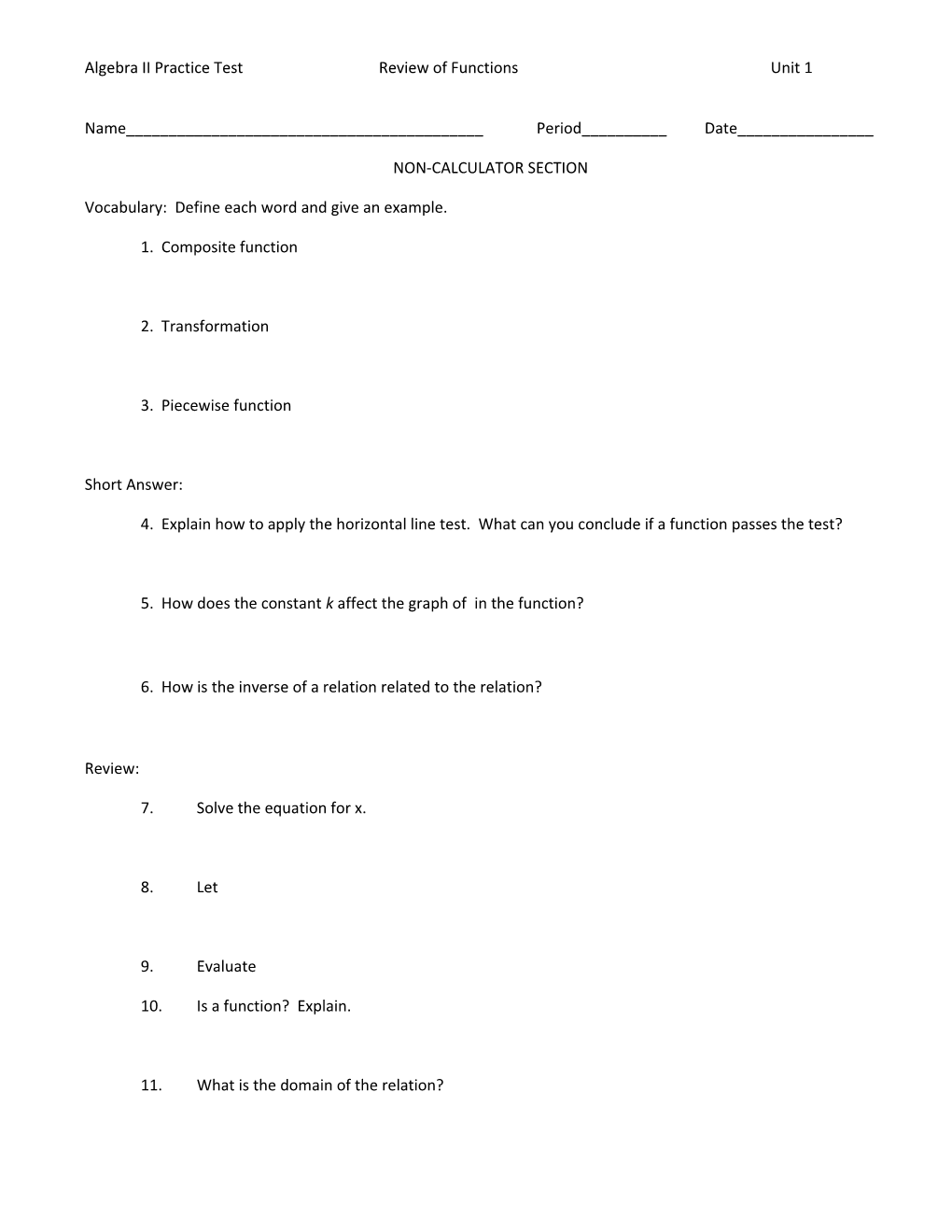 Algebra II Practice Testreview of Functionsunit 1