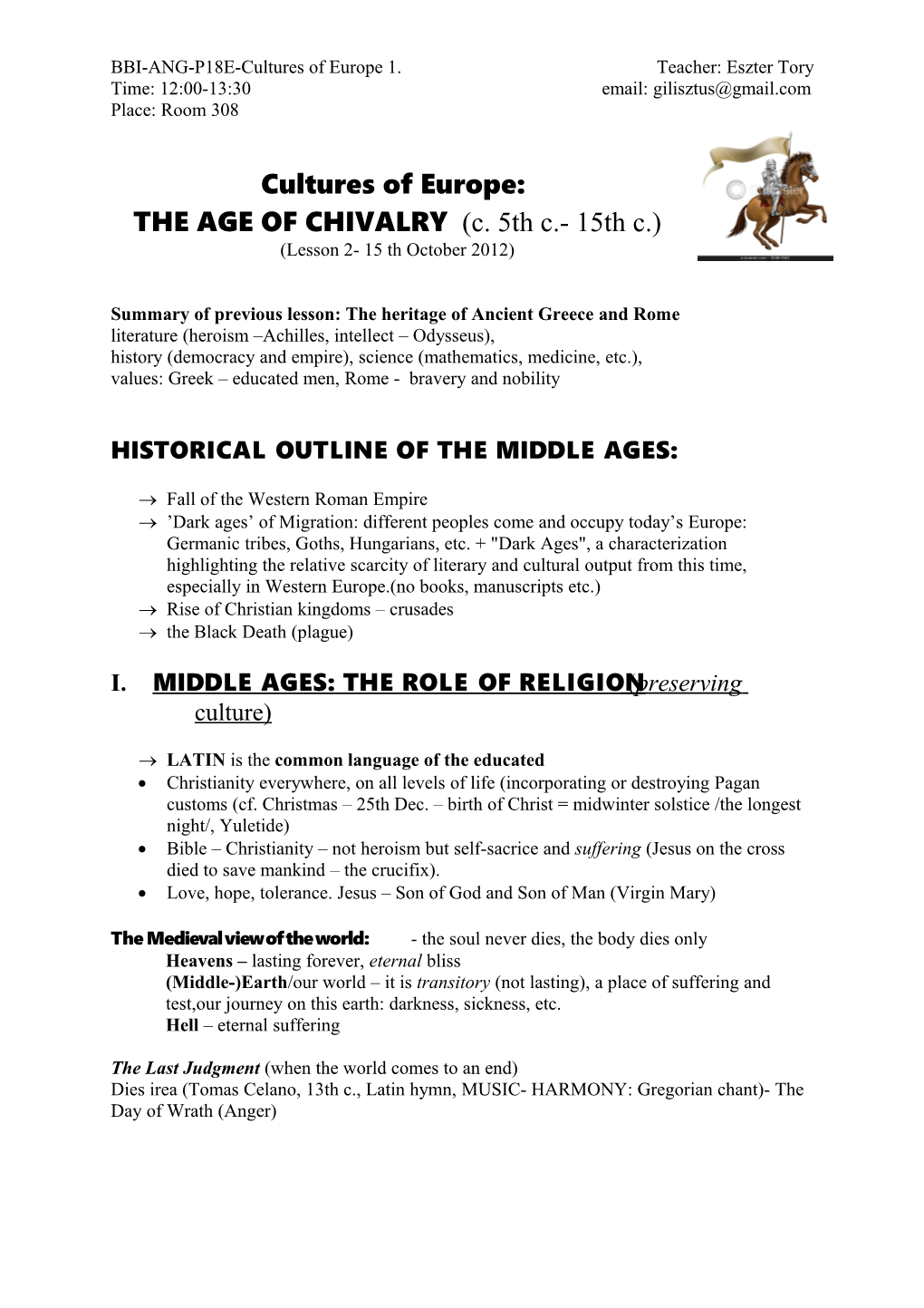 HANDOUT 2: Cultures of Europe the AGE of CHIVALRY