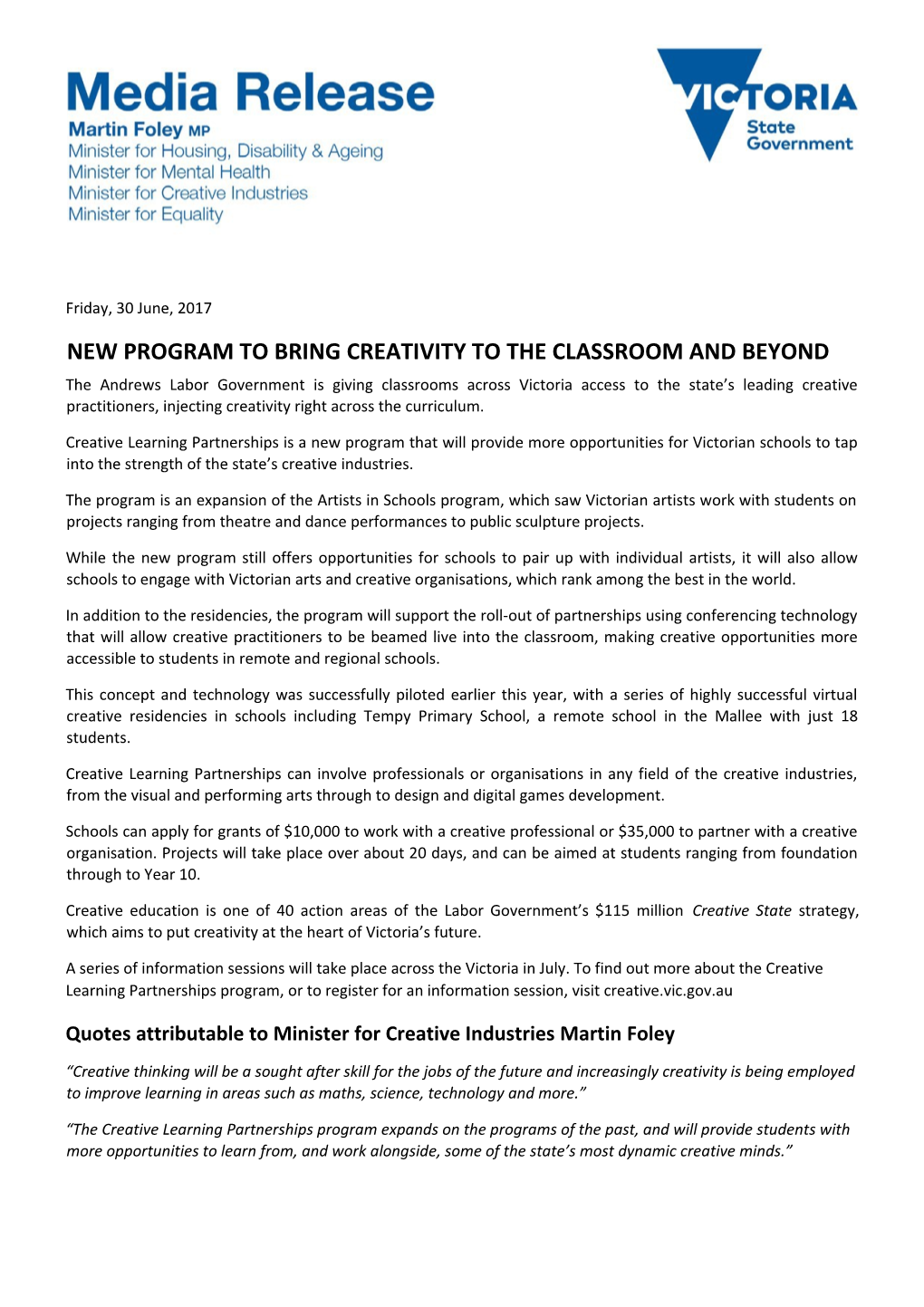New Program to Bring Creativity to the Classroom and Beyond