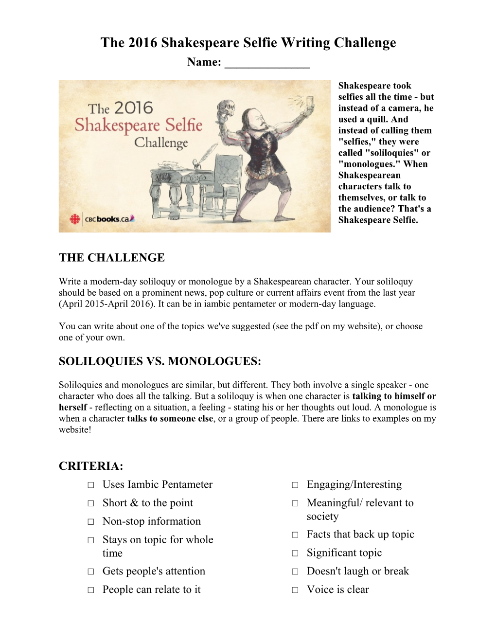 The 2016 Shakespeare Selfie Writing Challenge
