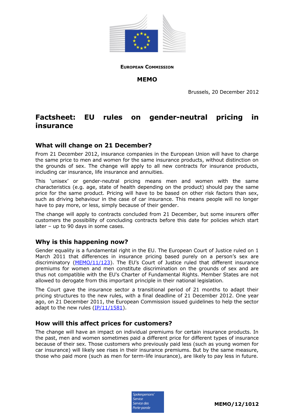 Factsheet: EU Rules on Gender-Neutral Pricing in Insurance