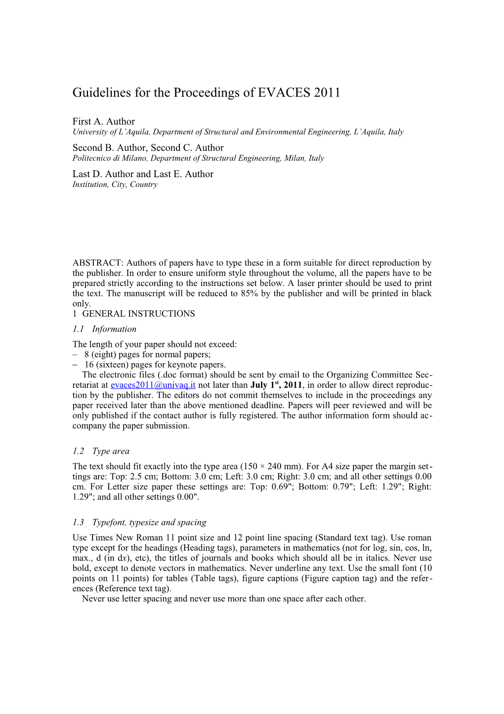 Guidelines for the Proceedings of EVACES 2011