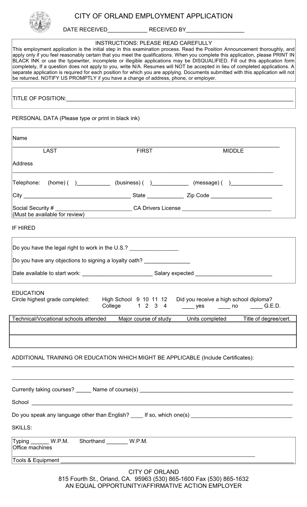 City of Orland Employment Application