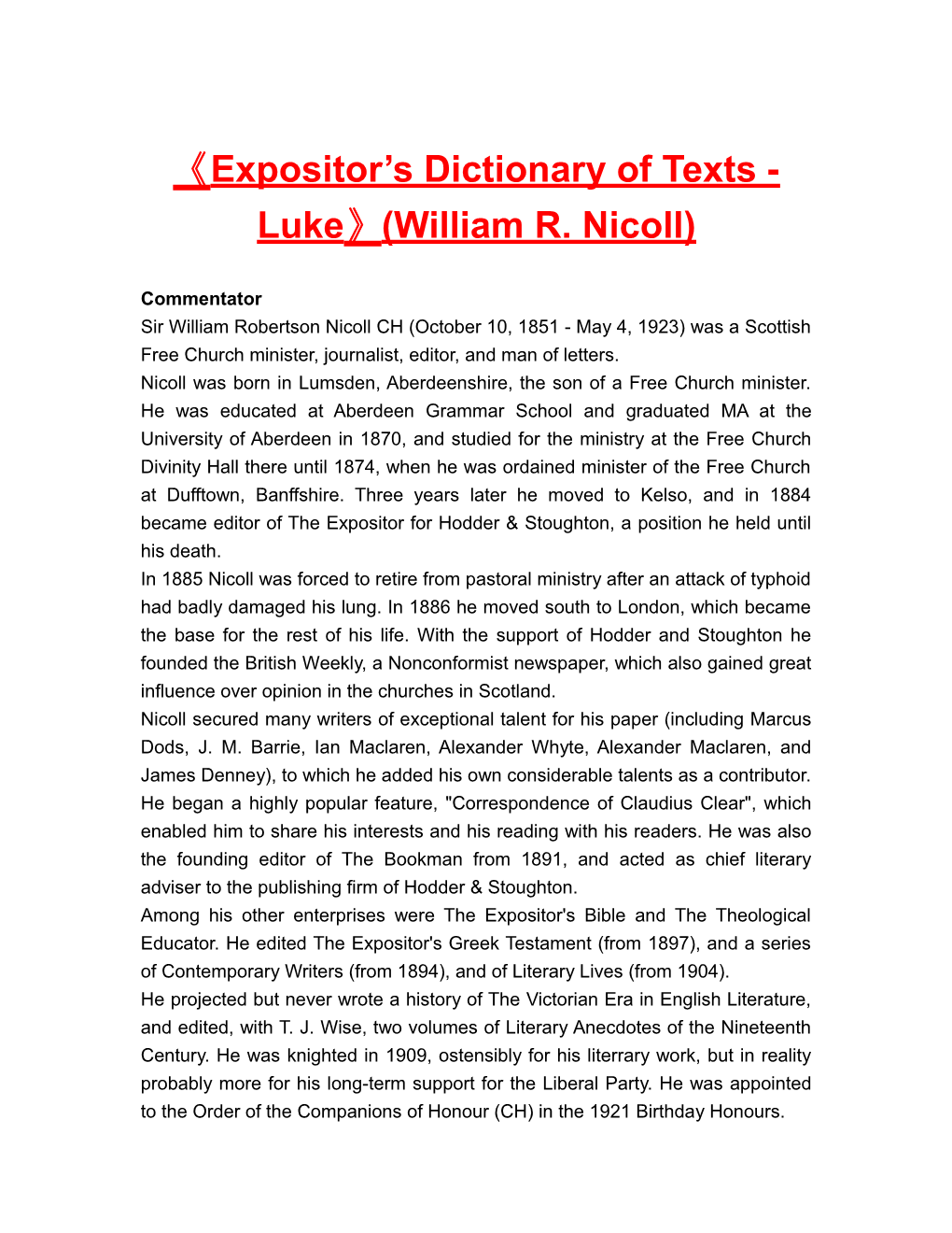 Expositor S Dictionaryof Texts- Luke (William R. Nicoll)
