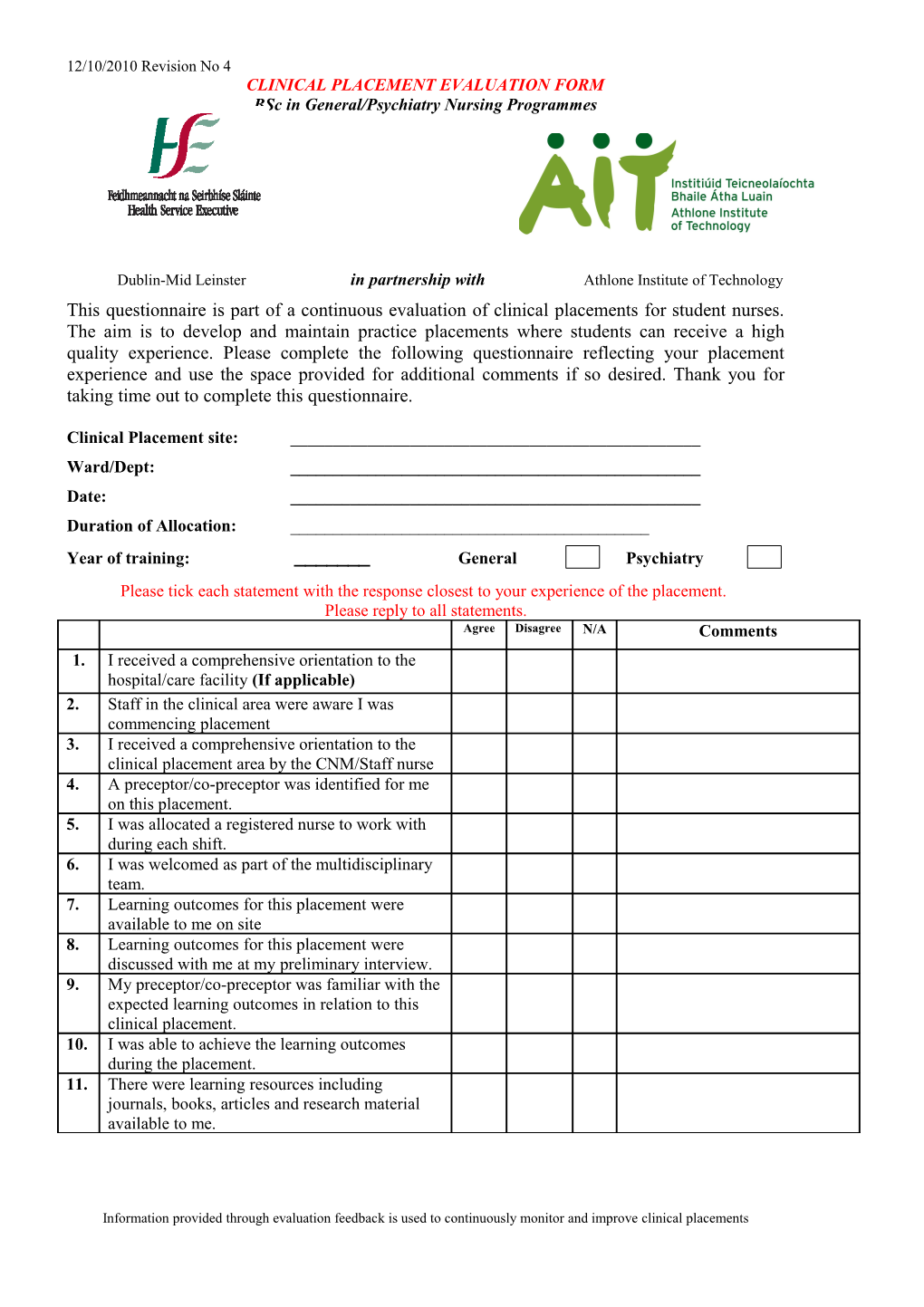 Clinical Placement Evaluation Form