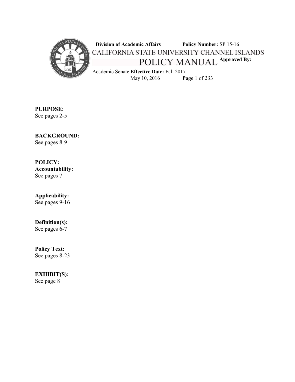 Division of Academic Affairspolicy Number: SP 15-16