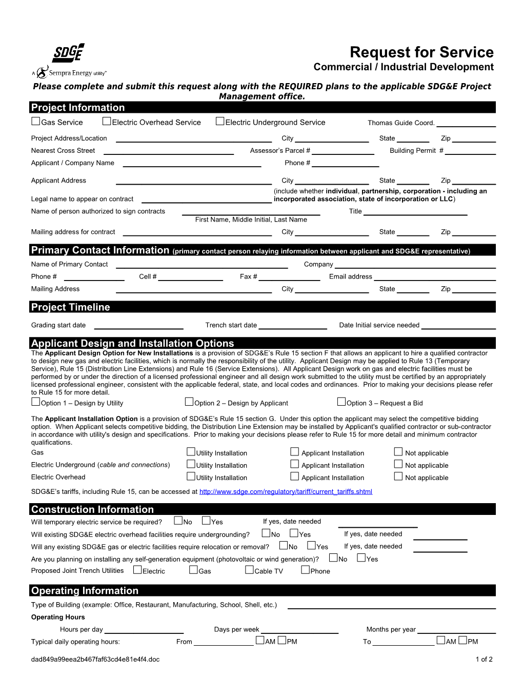 Commercial and Industrial Request for Service Form