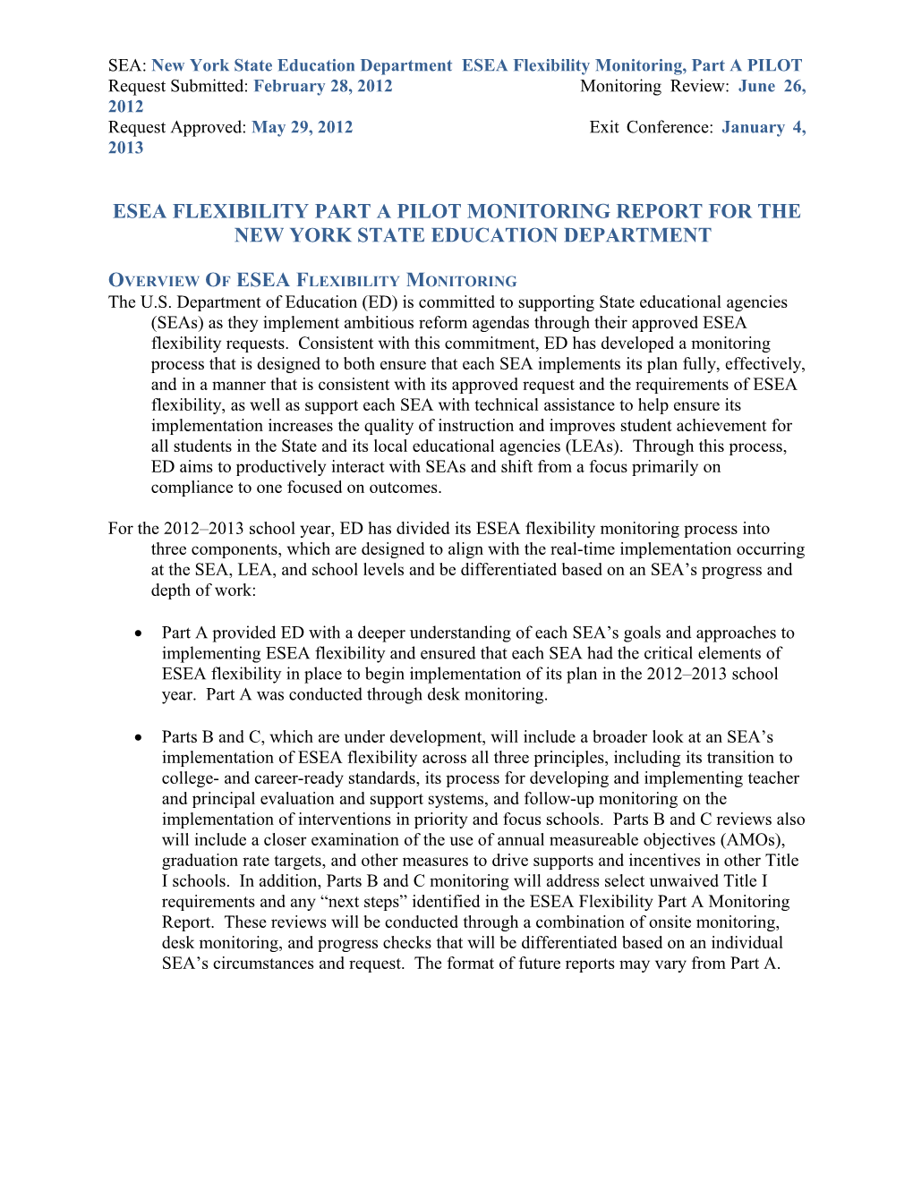 New York ESEA Flexibility Monitoring Report Part A