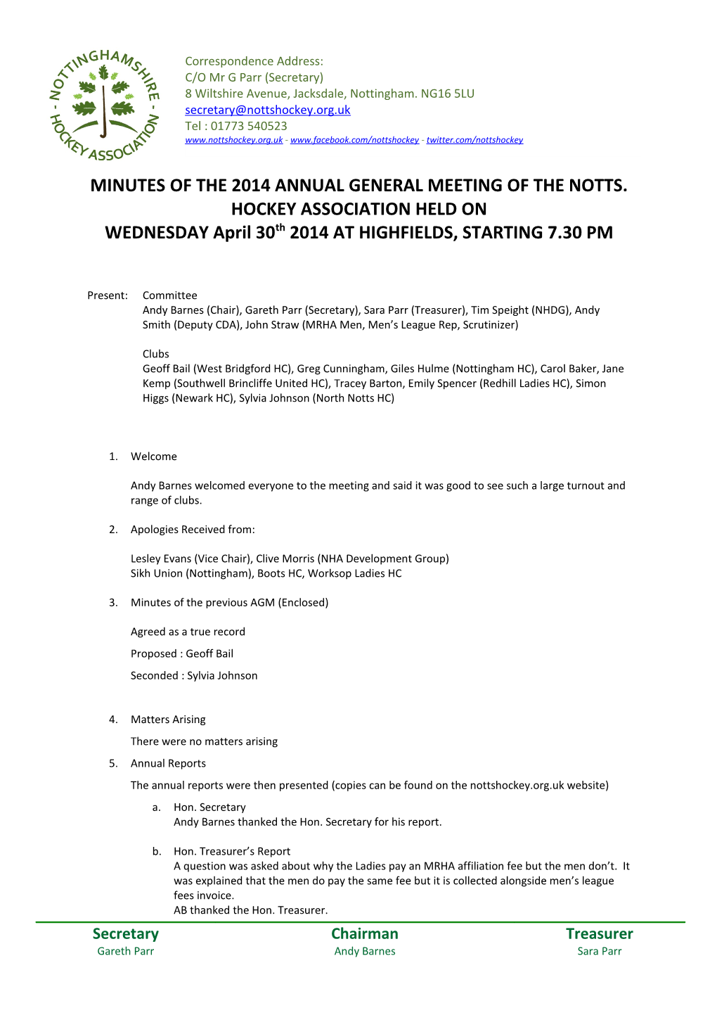 Minutes of the 2014Annual General Meeting of the Notts. Hockey Association Held on Wednesday