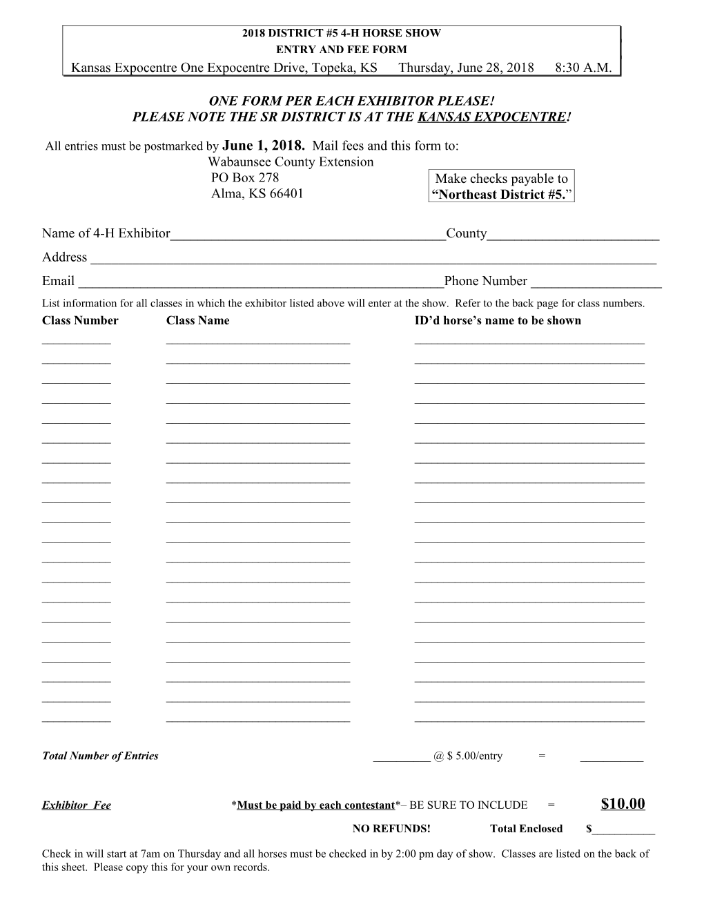 Entry and Fee Form