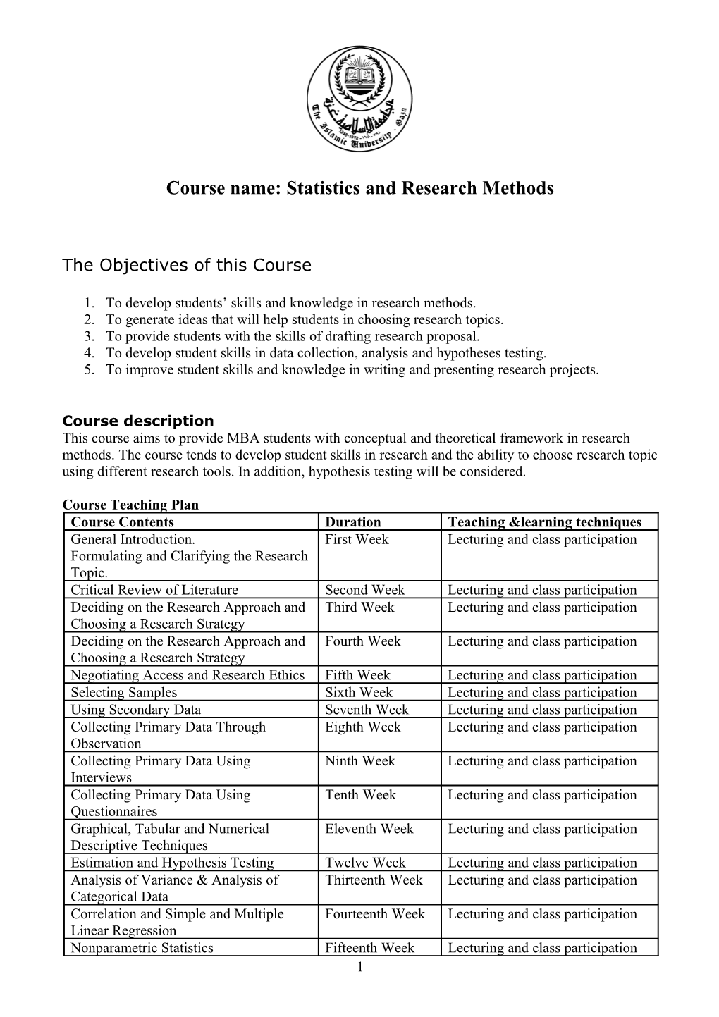 Course Name: Statistics and Research Methods