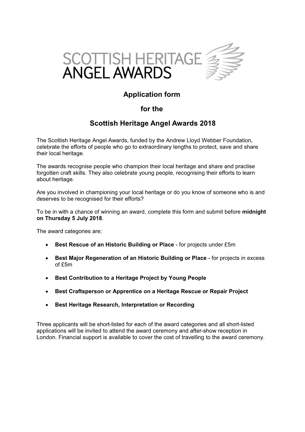 Application Form for the English Heritage Angel Awards 2011