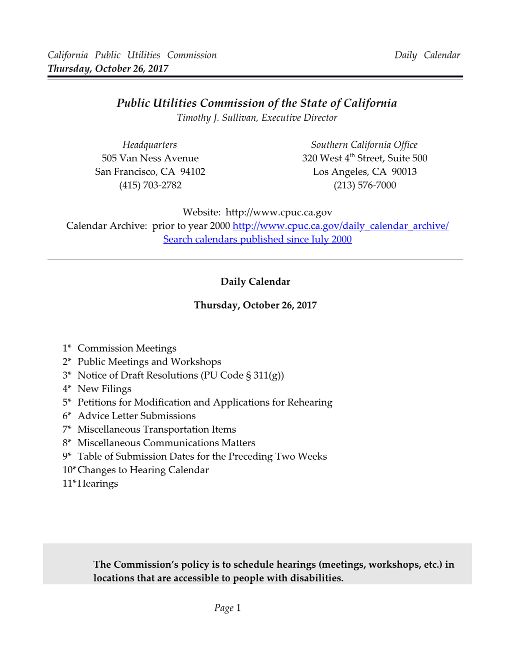 California Public Utilities Commission Daily Calendar Thursday, October 26, 2017