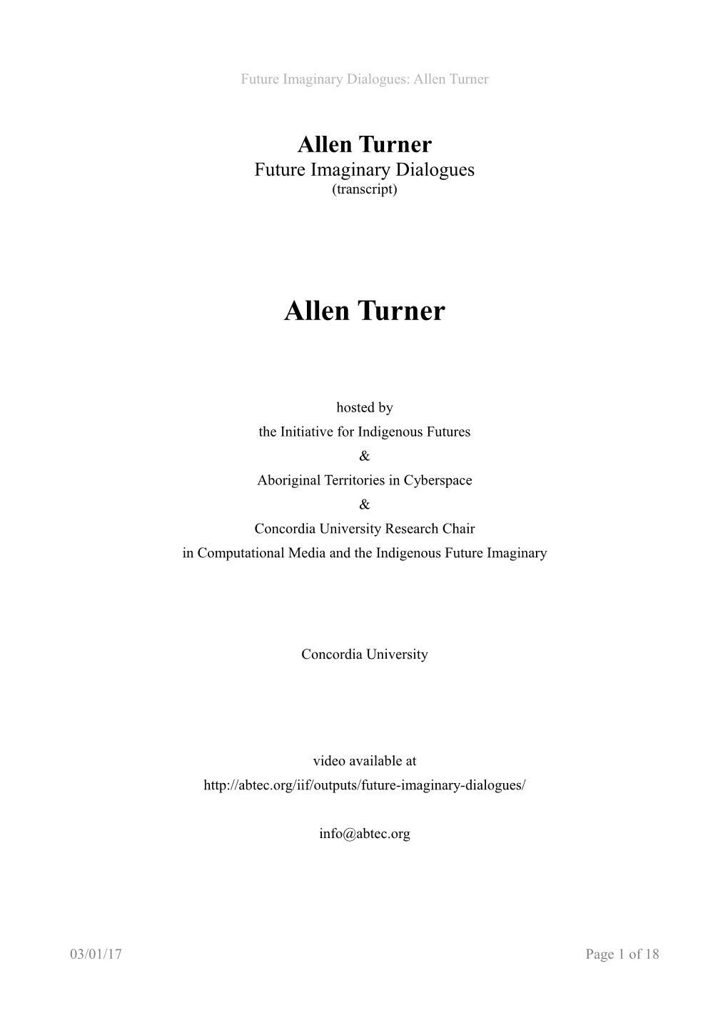 Future Imaginary Dialogues: Allen Turner