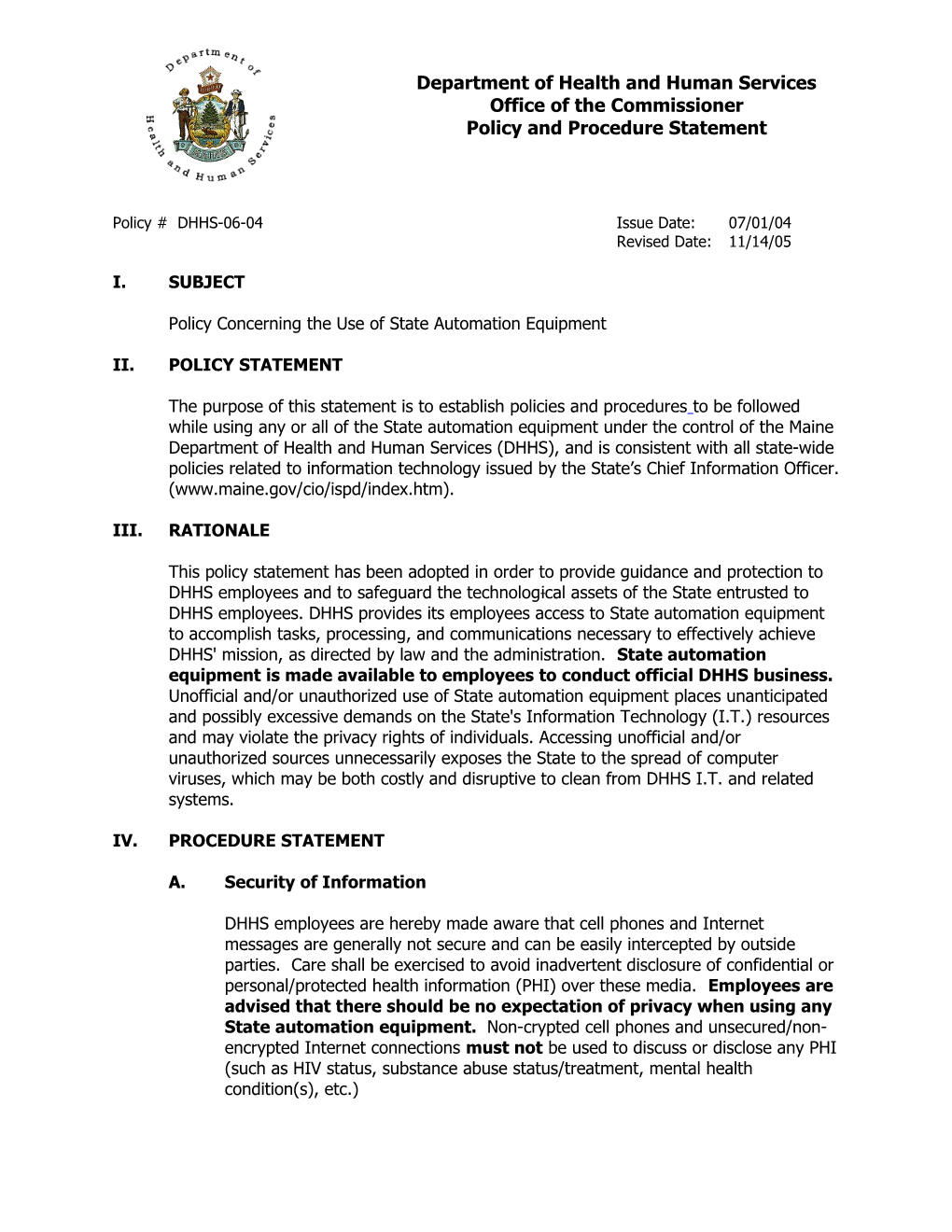 Policy Concerning the Use of State Automation Equipment