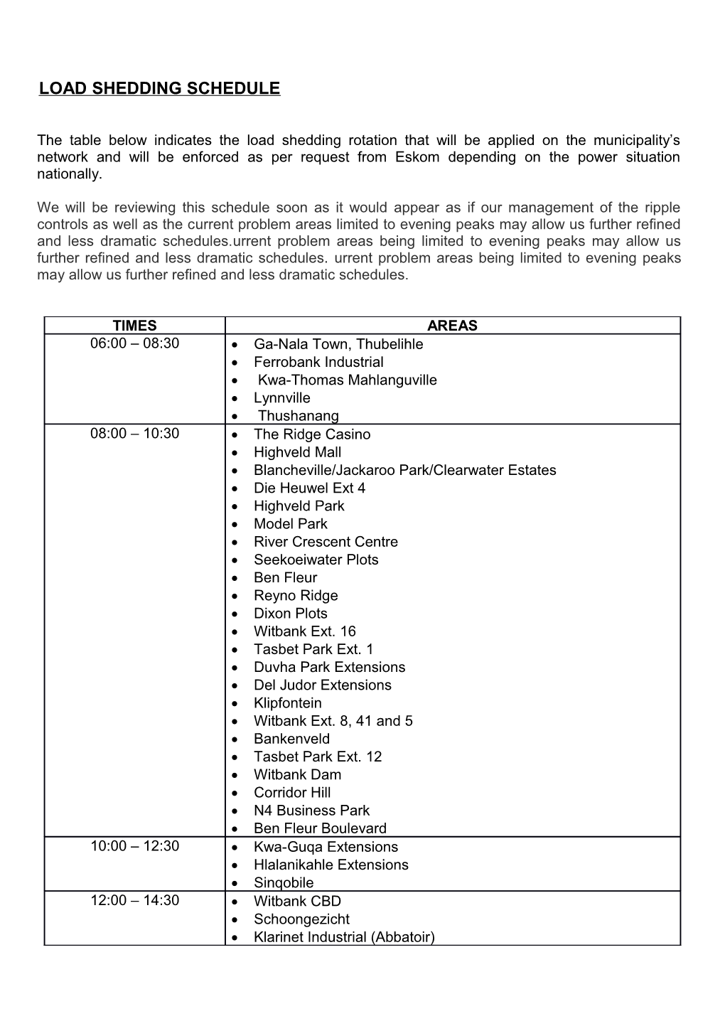 Load Shedding Schedule