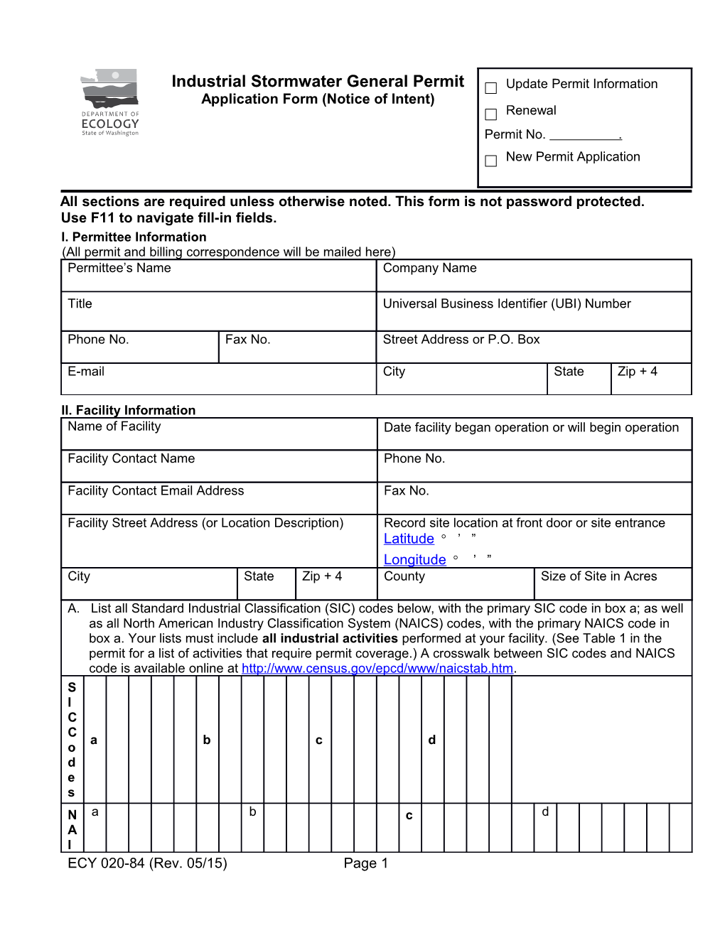 Industrial Stormwater General Permit Application Form (Notice of Intent)