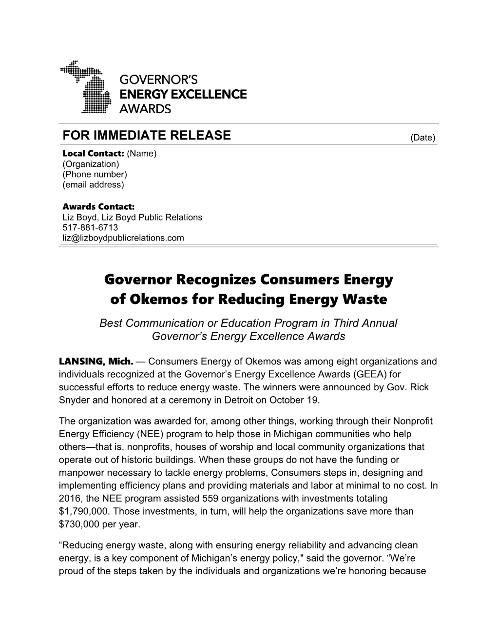 Governor Recognizes Consumers Energy