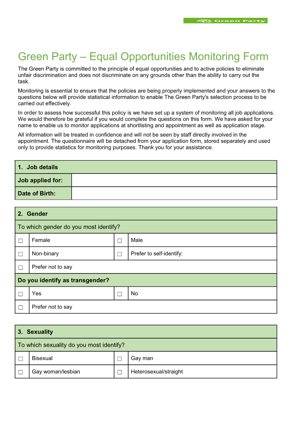 Green Party Equal Opportunities Monitoring Form