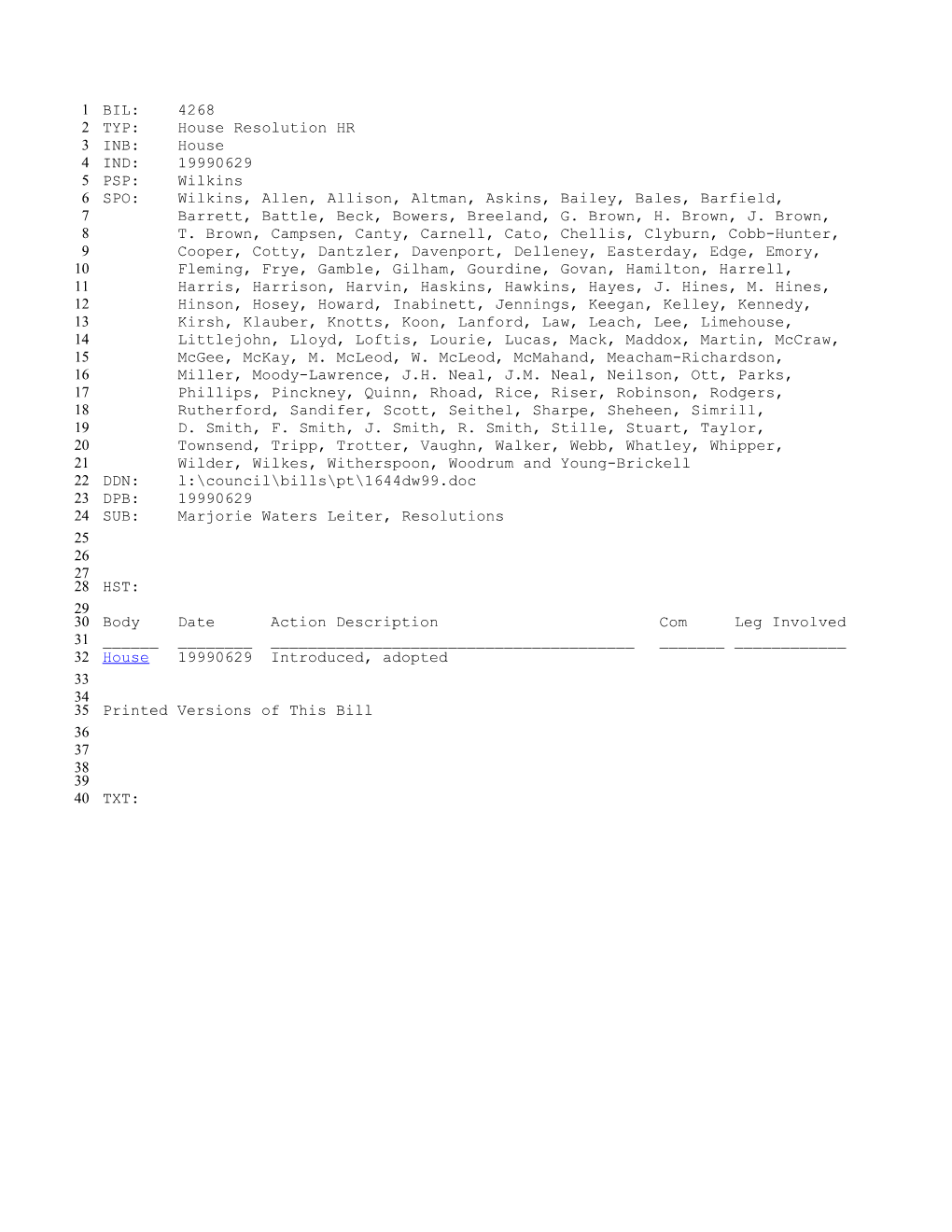 1999-2000 Bill 4268: Marjorie Waters Leiter, Resolutions - South Carolina Legislature Online