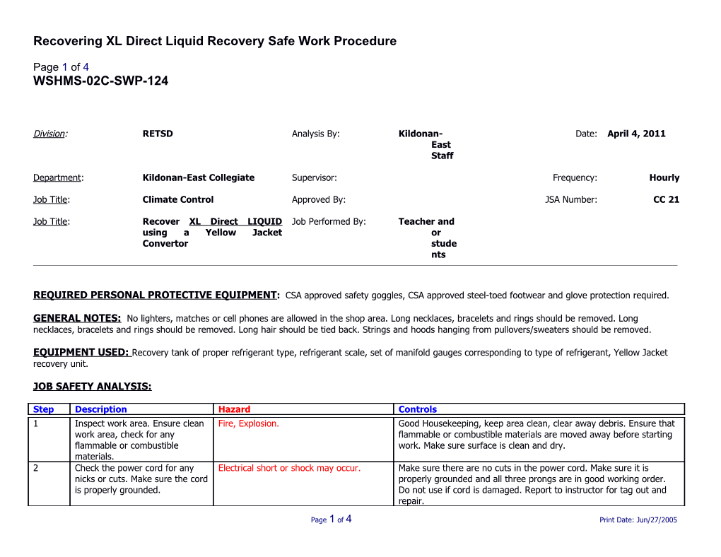 SWP-124 Recovering XL Direct Liquid Recovery Safe Work Procedure