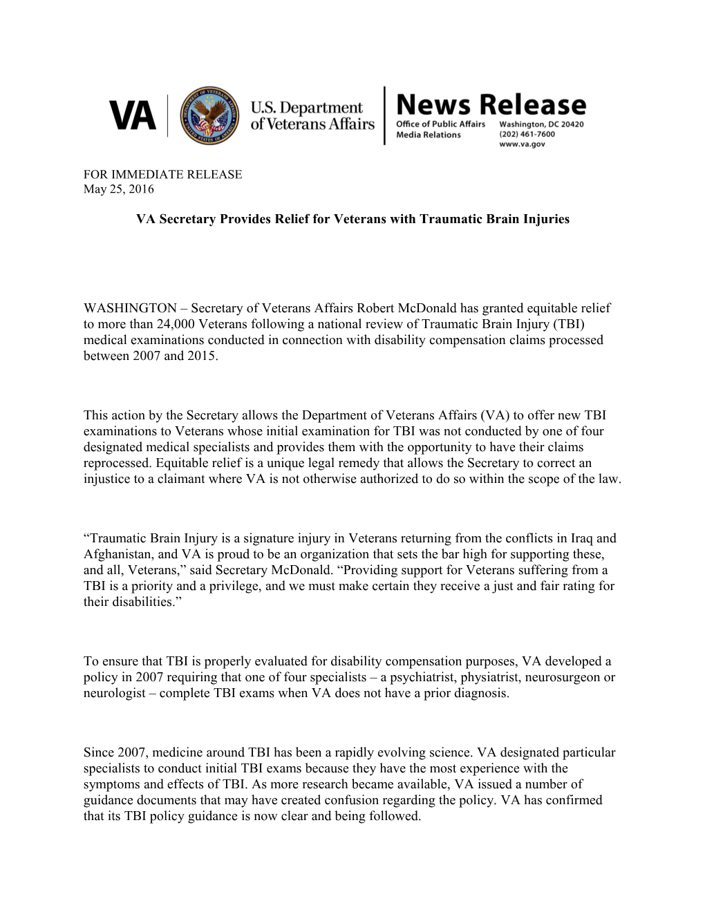 VA Secretary Providesrelief for Veterans Withtraumatic Brain Injuries