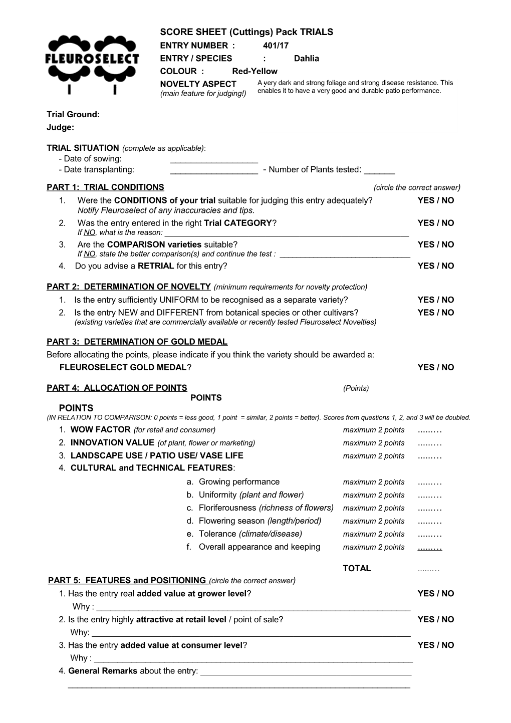 Score Sheet 2002 Pack Performance