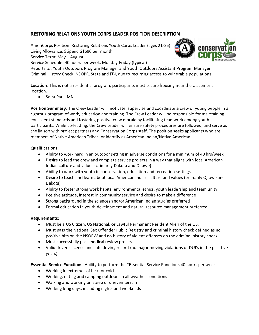 Restoring Relations Youth Corps Leader Position Description