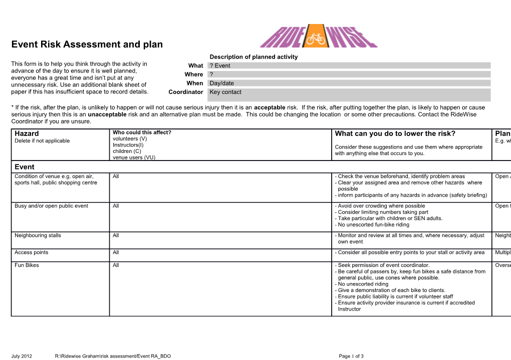 Risk Assessment and Activity Planning: Workdays