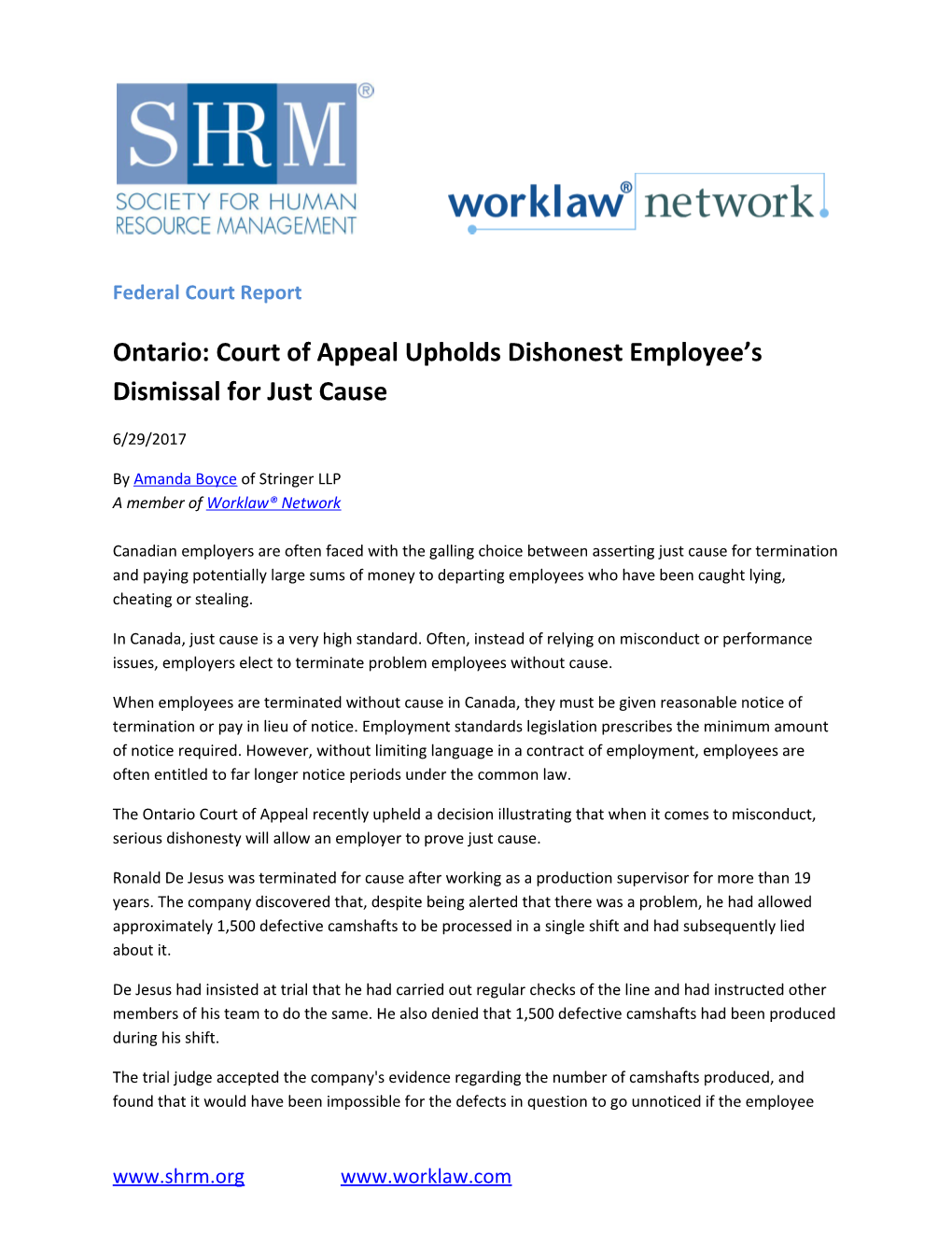 Federal Court Report Ontario: Court of Appeal Upholds Dishonest Employee S Dismissal For