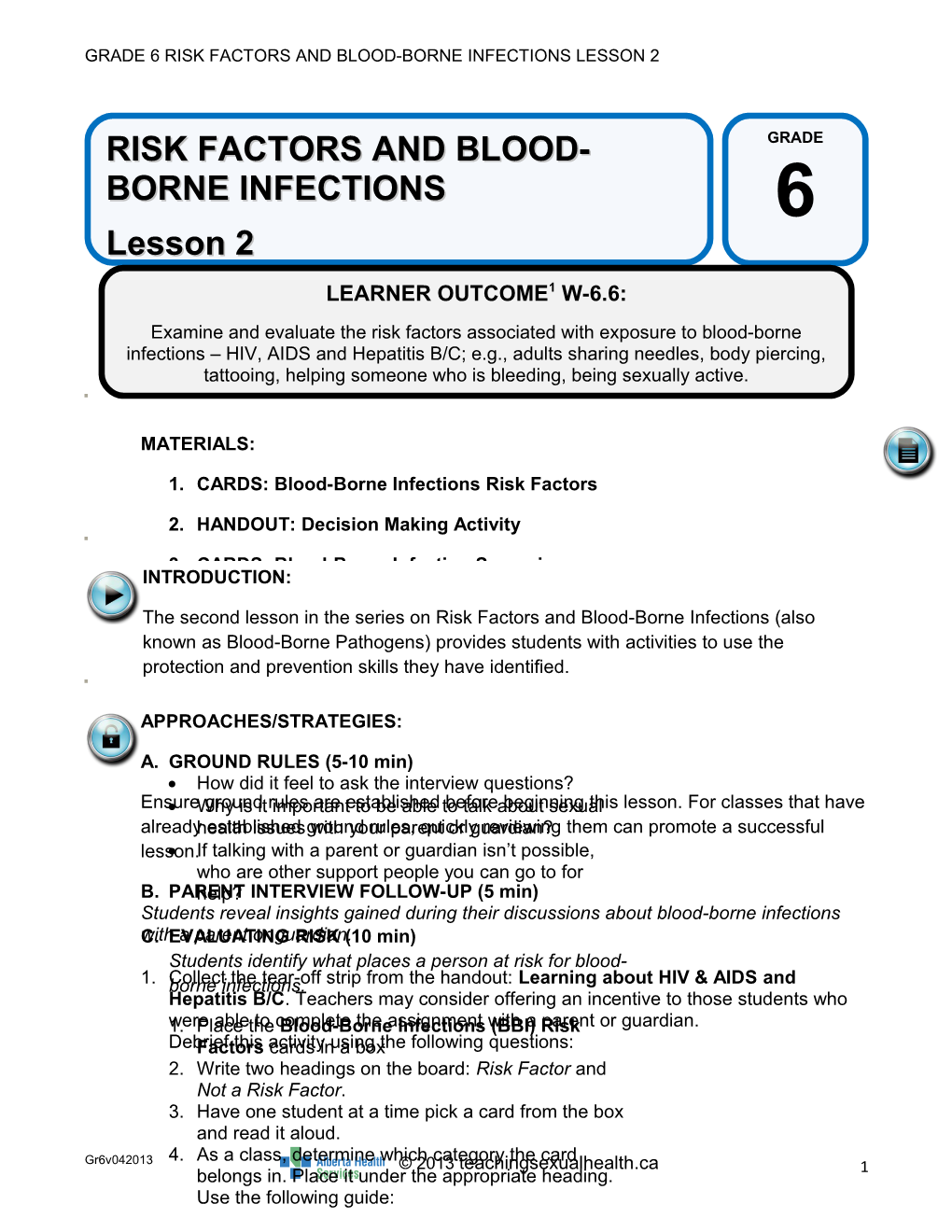 Grade 6 Risk Factors and Blood-Borne Infections Lesson 2