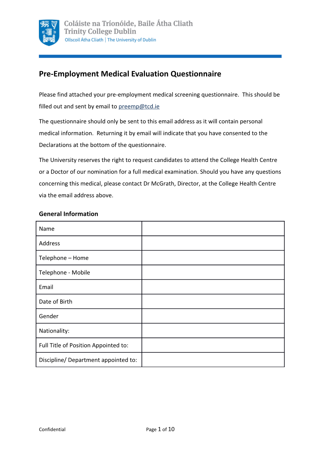 Pre-Employment Medical Evaluation Questionnaire