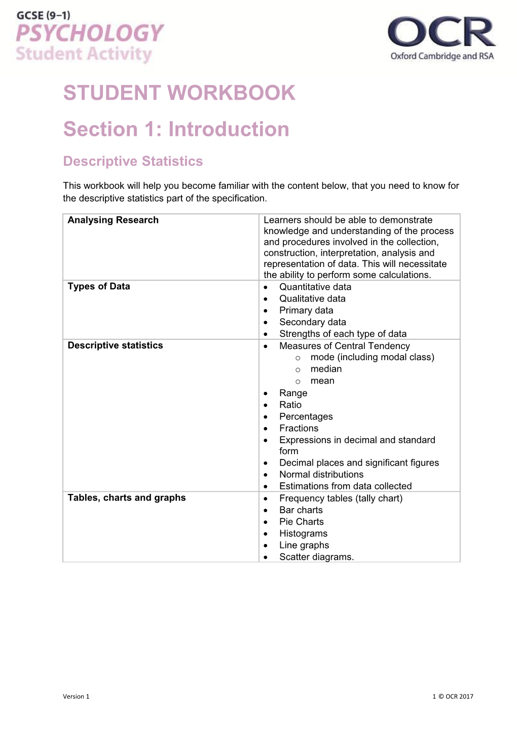 OCR GCSE Psychology - Descriptive Statistics - Student Workbook