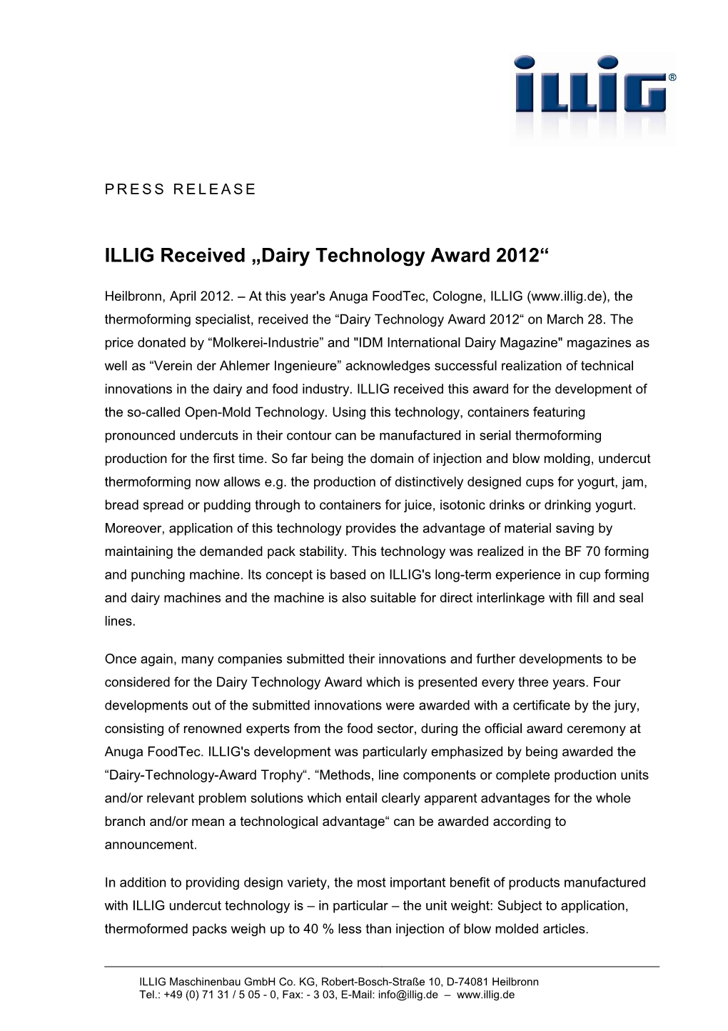 ILLIG Received Dairy Technology Award 2012