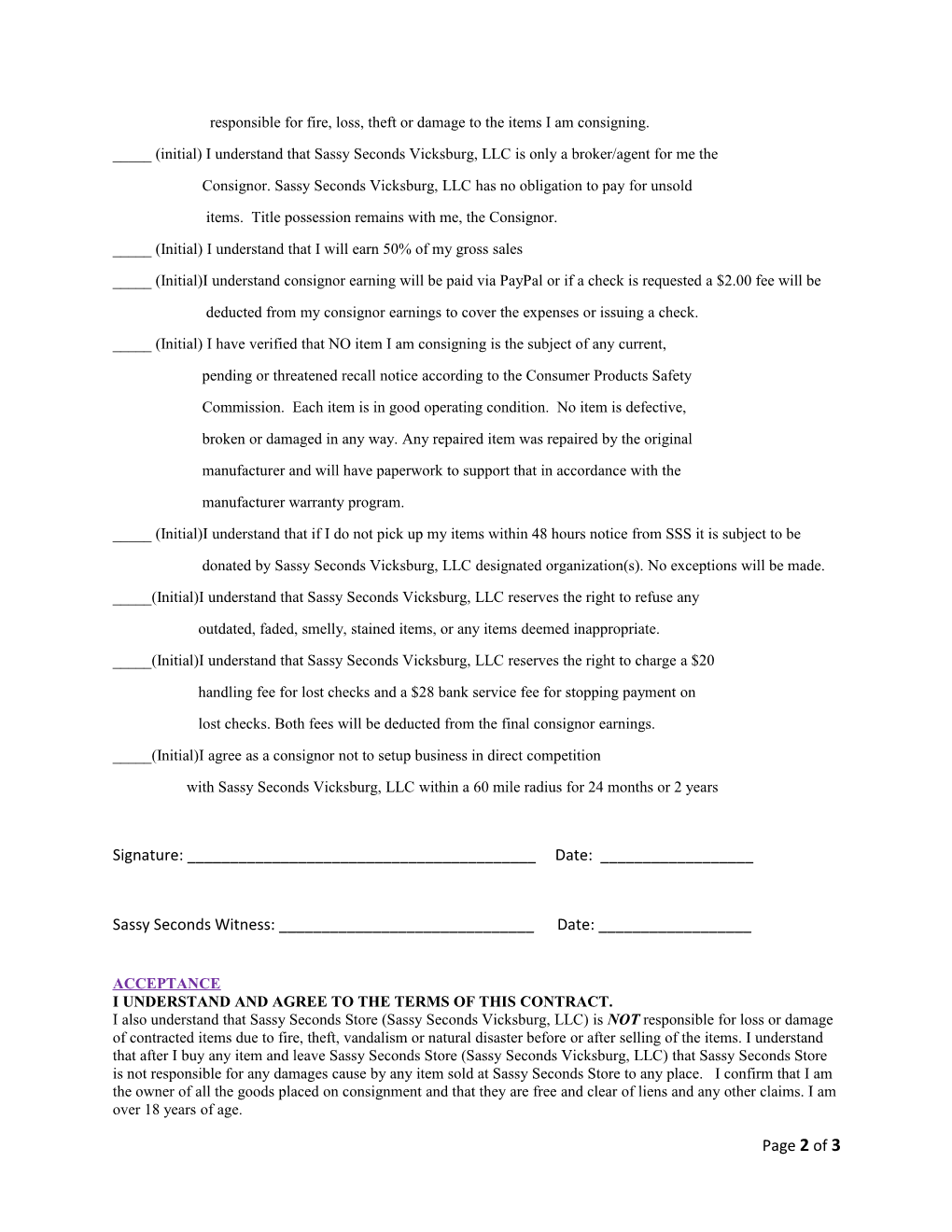 Consignment Agreement for Sassy Seconds Store